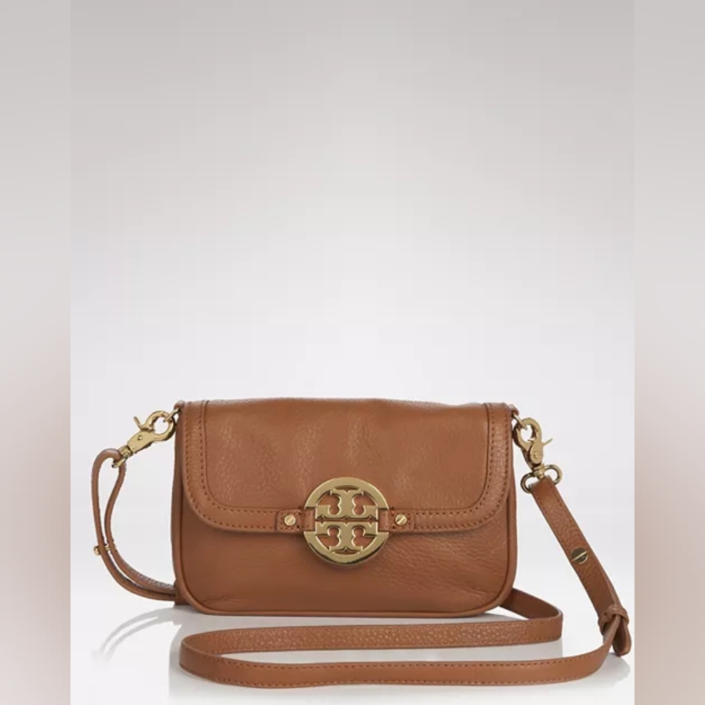 Tory Burch Amanda Brown Leather Flap Crossbody Bag Purse Handbag